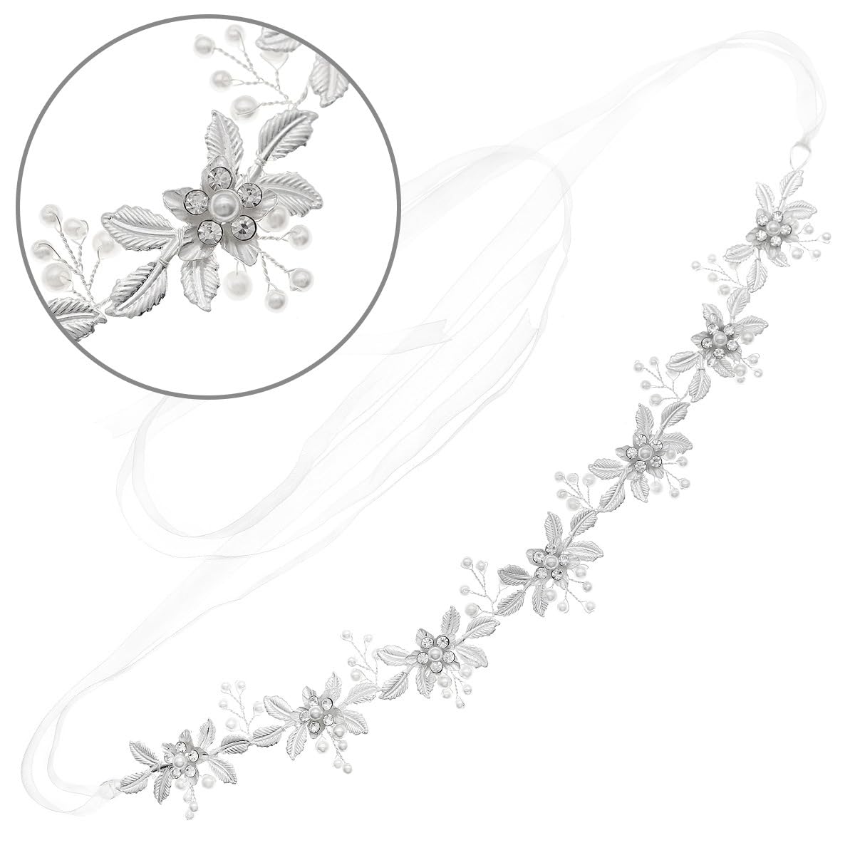 EneQutum Wedding White Metal Hairband, Crystal Pearl Headpiece, Forest flowers Hair Vine Bride Accessory for Women and Girls