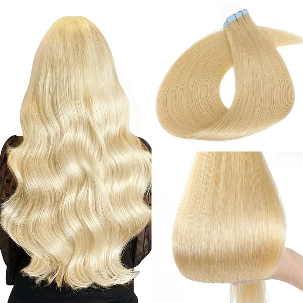 ELFSECRET 100% human hair Tape In Hair Extensions Invisible PU Seamless Skin Weft Tape in Real Human Hair Silky Straight Hair Extensions Soft Thick To End 40g/pack 20pcs (28 Inch, #613 Bleach Blonde)
