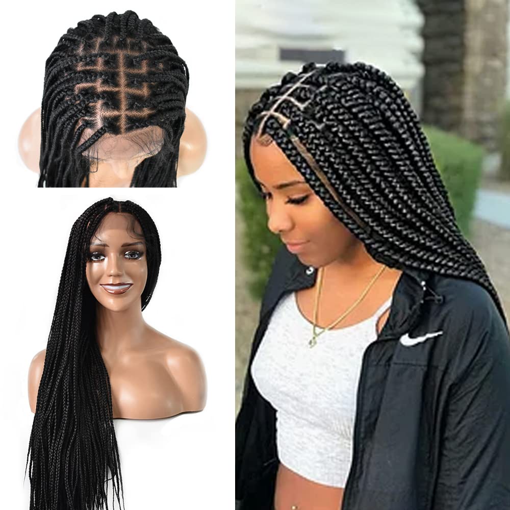 Lace Braids Wigs For Black Women Swiss Lace Front Cornrow Box Braided Wig With Baby Hair Natural Looking Synthetic Fiber Lightweight Cornrow Micro Twist Braids Wigs (#1B Black)