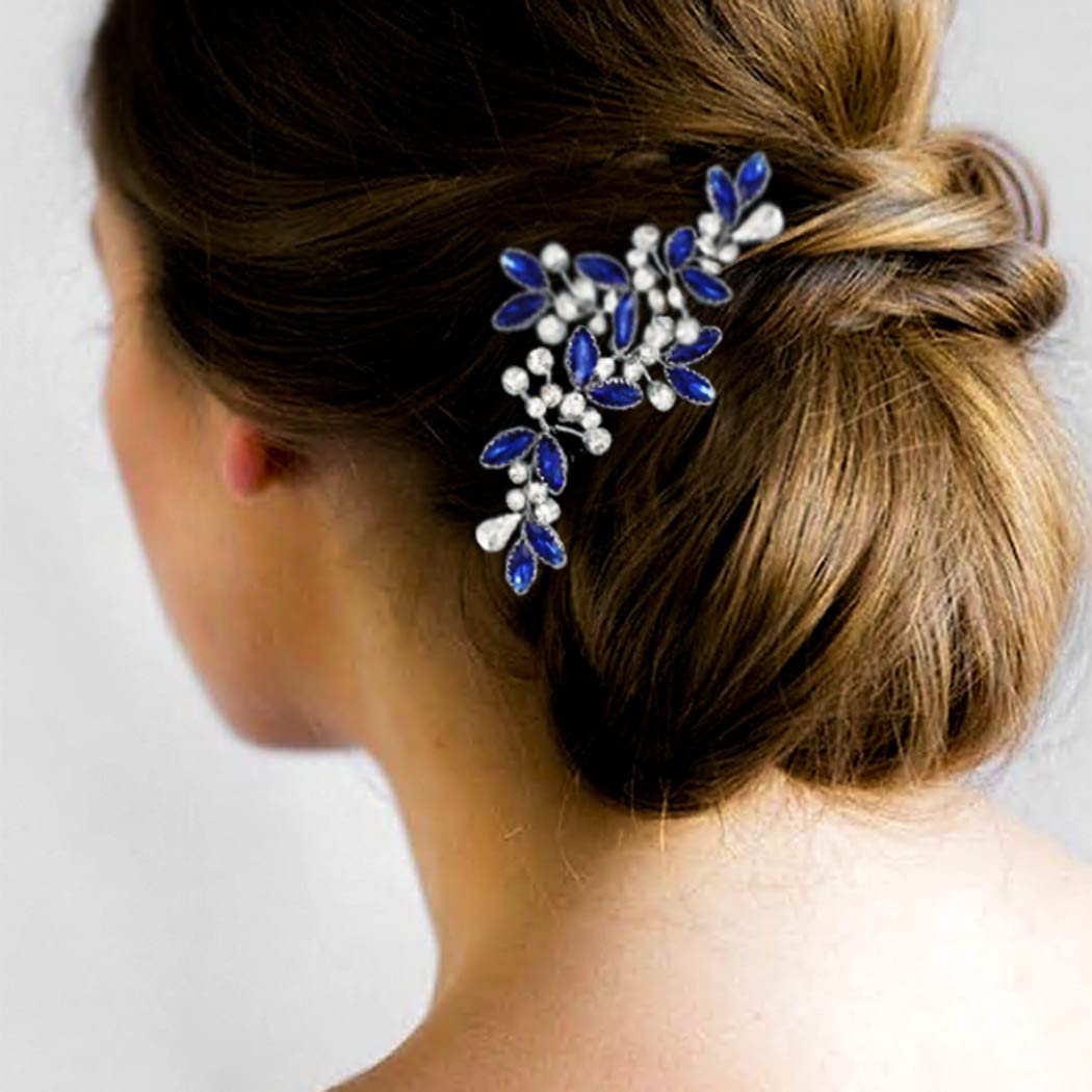 Casdre Crystal Bridal Hair Pins Rhinestone Bride Wedding Hair Piece Hair Accessories for Women and Girls (Pack of 2) (A Blue)
