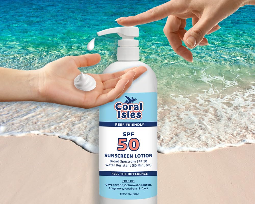 Coral Isles Sunscreen SPF 50 | Hawaii Compliant as Reef Safe | Octinoxate & Oxybenzone Free | Broad Spectrum UVA/UVB Protection | Water Resistant 80 Min. | Fragrance Free | 32 Fl Oz Quart w/Pump
