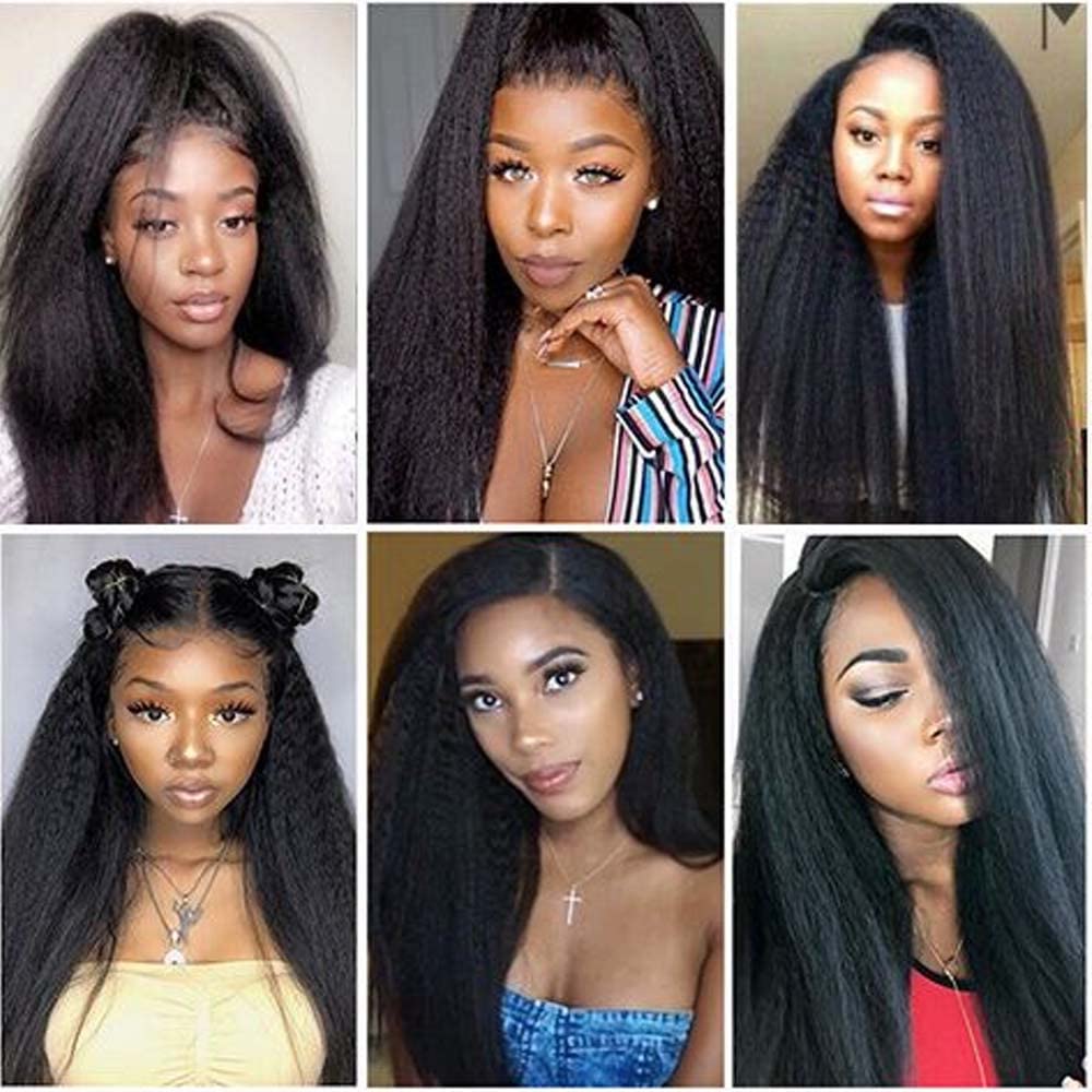 Color 1B Human Hair Yaki Straight Bundles Human Hair Kinky Straight Weave Bundles Brazilian Human Hair Weave Extensions Double Weft Remy Hair Soft and Silky for Black Women (18 20 22 inch）