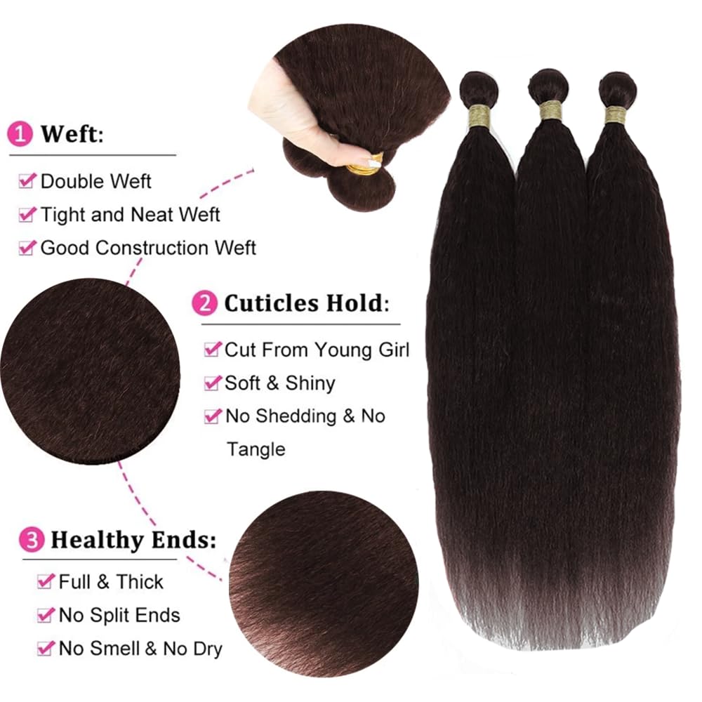 Dark Borwn Yaki Straight Bundles Human Hair Light Brown Kinky Straight Bundles Double Weft Brazilian Human Hair Weave Extensions Wet and Wavy Bundles for Black Women (24 26 28 inch)