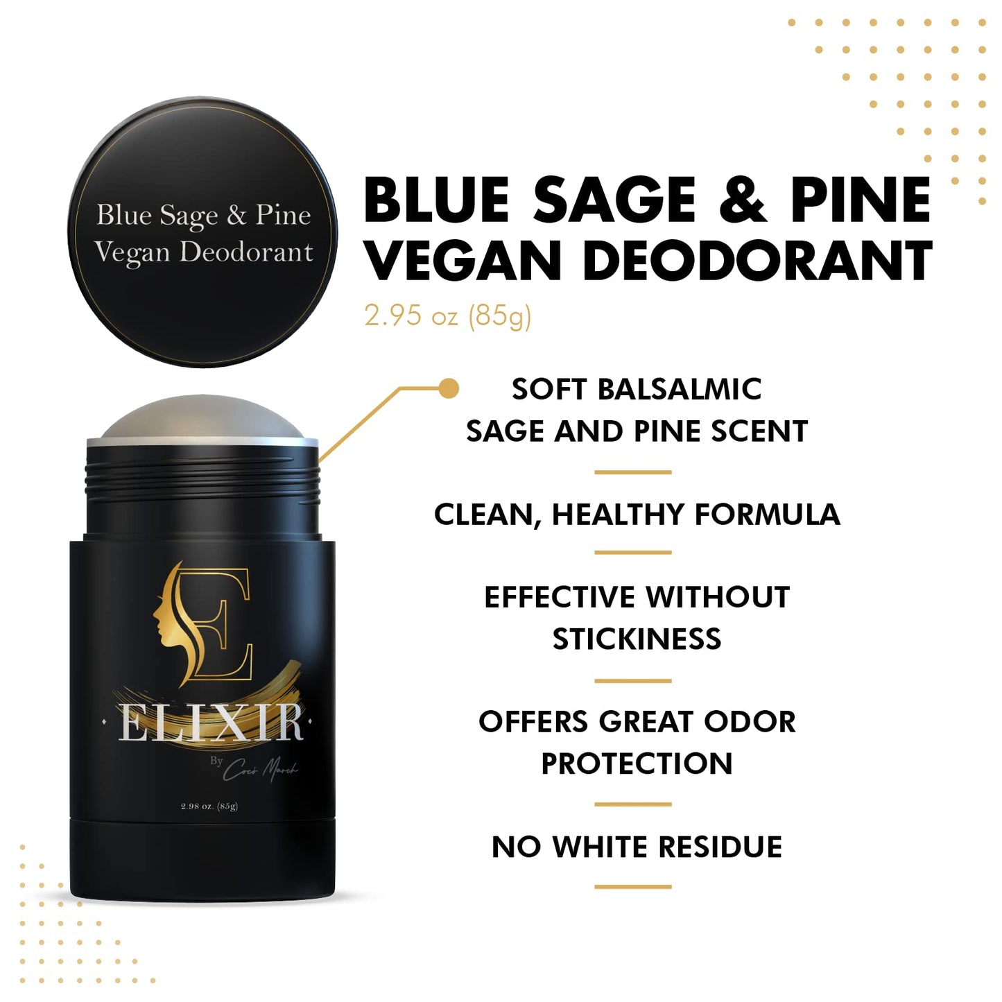 Elixir by Coco March Aluminum Free Vegan Deodorant -Blue Sage & Pine-Gentle Natural Ingredients w/Effective Odor Protection, Essential Oil Scent, Made w/Organic Coconut Oil & Shea Butter-2.98 oz