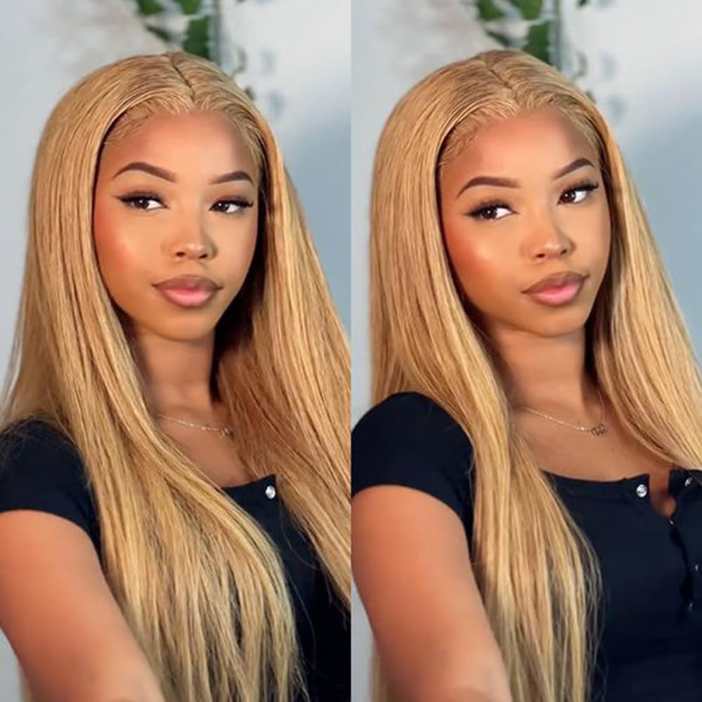 Straight 13x4 Lace Front Human Hair Wig For Black Women（16inch，180% Density）Honey Blonde Pre plucked Natura Hairline Transparent Lace Frontal Wig Brazilian Remy Glueless Lace Wig