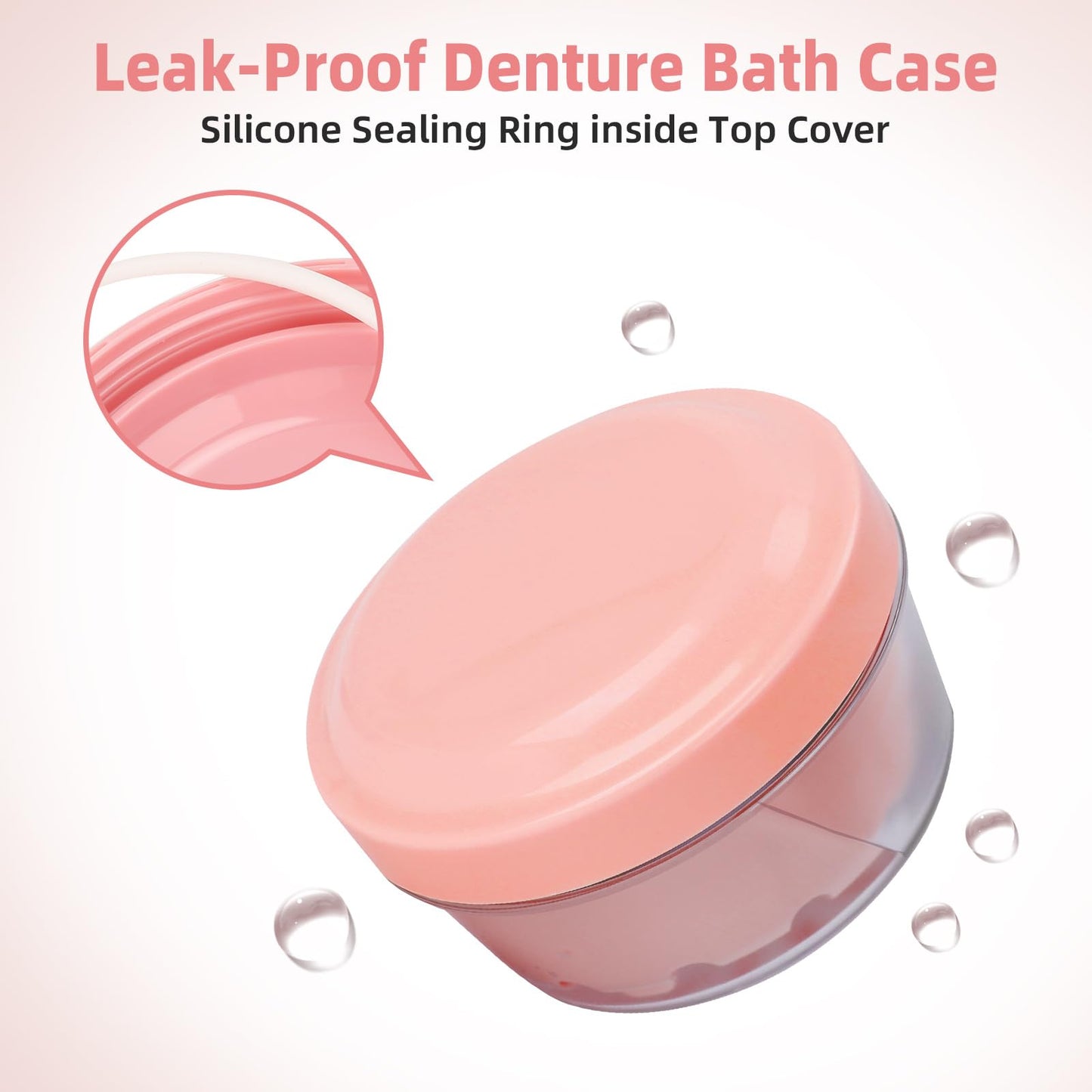 Leakproof Denture Bath Case, Denture Soak Case for Travel, Portable Denture Container Cups Box for Braces/Mouth Guard/Night Guard/Retainers, with Brush and Removal Tool – Pink