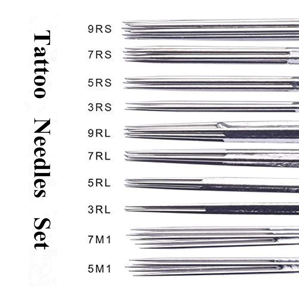 Tattoo Needles and Tips Set - Autdor 50pcs Disposable Mixed Tattoo Needles + 50pcs Assorted Sterilized Disposable Tattoo Tips, 5pcs of each 3rl 5rl 7rl 9rl 3rs 5rs 7rs 9rs 5m1 7m1 3RT 5RT 7RT 9RT 3DT
