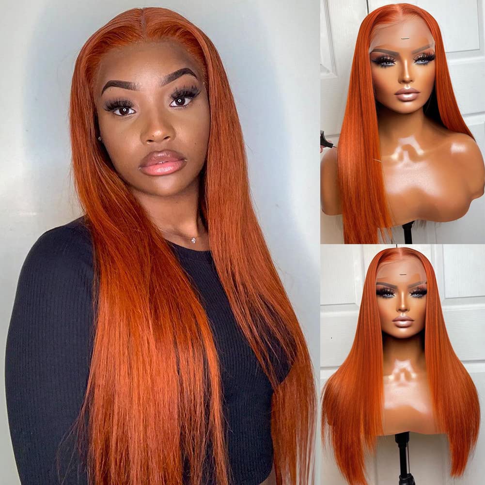 Ginger Orange Human Hair Lace Front Wig - 180% Density, Pre-Plucked, Baby Hair, 13x4 Straight Lace Frontal Wig for Black Women (18 Inch)