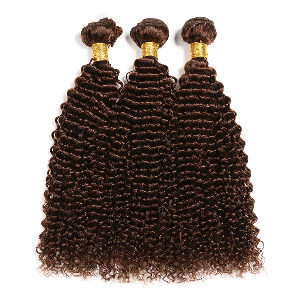 Loose Dark Brown Deep Wave Bundles Human Hair Color 4 Brown Deep Curly Bundles Human Hair Double Weft Brazilian Remy Hair Extensions Wet and Wavy Silky Soft 26 28 30 inch 3 Bundles