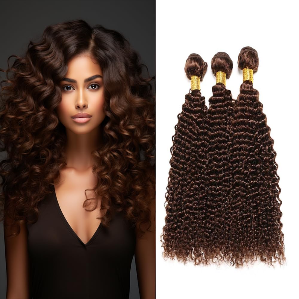 Loose Dark Brown Deep Wave Bundles Human Hair Color 4 Brown Deep Curly Bundles Human Hair Double Weft Brazilian Remy Hair Extensions Wet and Wavy Silky Soft 26 28 30 inch 3 Bundles