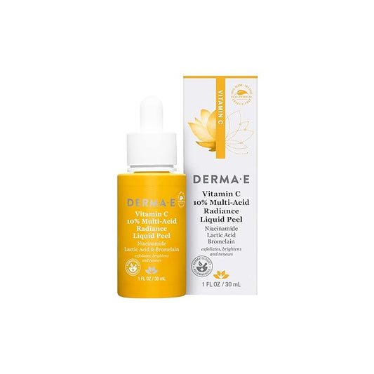 DERMA E Vitamin C Serum 10% Multi-Acid Radiance Liquid Peel – Exfoliating and Brightening Skin with Niacinamide Serum, Lactic Acid and Bromelain for Uneven Tone and Discoloration, 1 Fl Oz