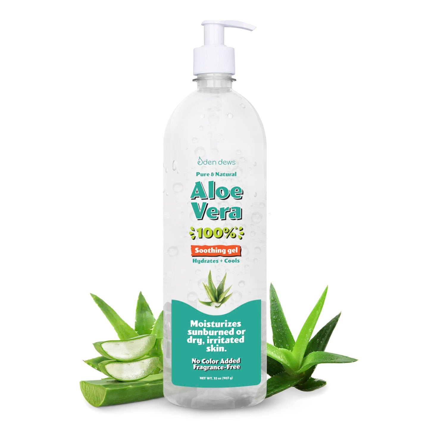 Eden Dews Organic Aloe Vera Gel 100% Pure & Natural Gel, Moisturizing, Face Skin & Hair Care, Sun Burn Relief, Hydrating & Soothing for Dry Skin, Acne, Razor Bumps, Made in USA, Unscented, 32 oz