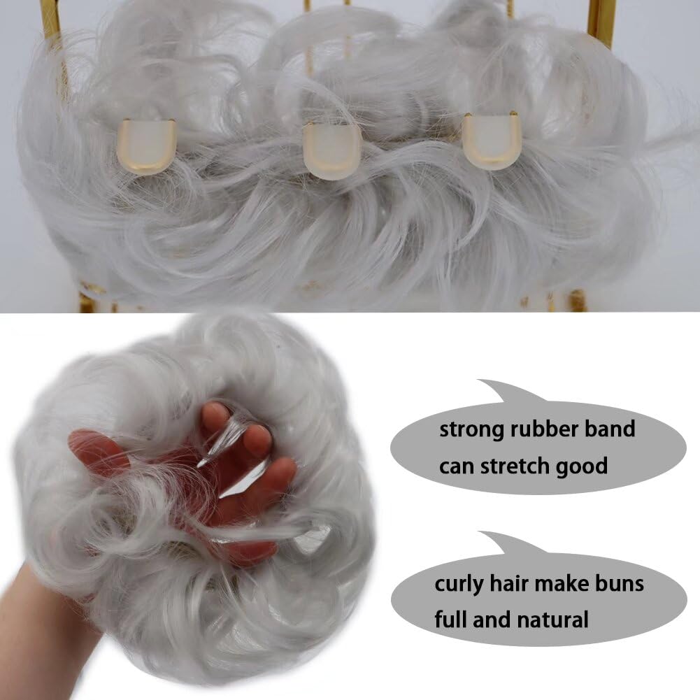iLUU 2 Pieces Women's Curly Messy Buns Hair Scrunchie Wigs Hair Extensions Silver Color Wavy Synthetic Updo Curly Hair Bun Extension Party Haipieces Hair Buns for Women Girl (Silver)