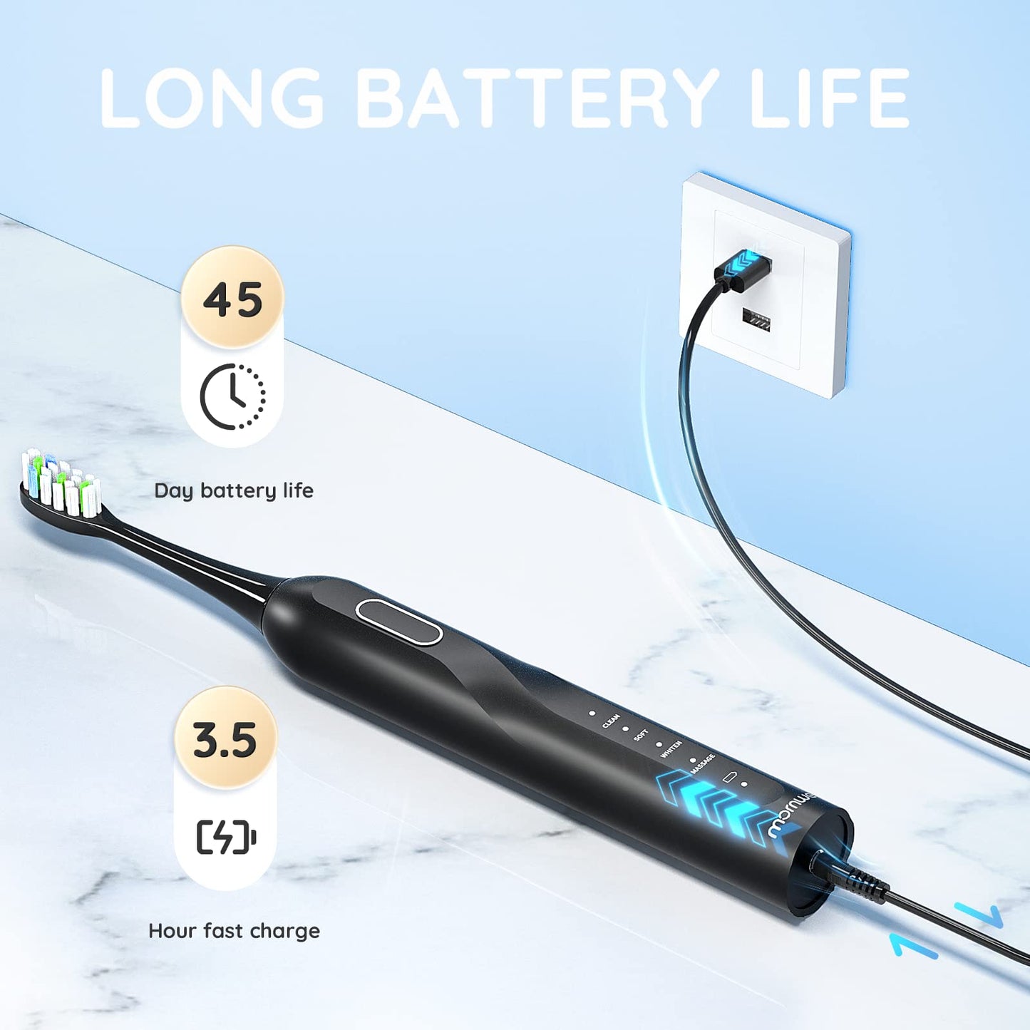 Sonic Electric Toothbrush, Sonic Toothbrush with 5X More Effective Cleaning Power, Rechargeable Electric Toothbrush with 8 Brush Heads, 4 Modes, Low Noise Design Electric Toothbrush for Adults