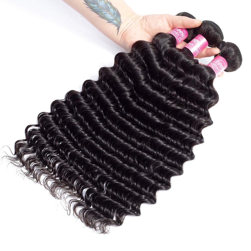 Deep Wave Bundles with Closure Brazilian 10A Human Hair Bundles(14 16 18+12 Closure)Deep Weave Curly Human Hair 3 Bundles with 4x4 Lace Closure Remy Unprocessed Virgin Human Hair Bundles Natural Color