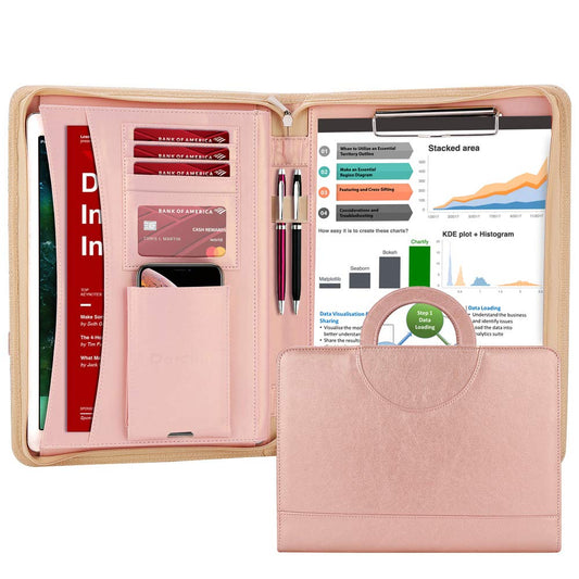 Darolin Zippered Leather Padfolio Portfolio with Hidden Handle and Clipboard, Business Conference Organizer Notepad Folder, Portfolio Bag, Padfolio for Women/Men (Rosegold)