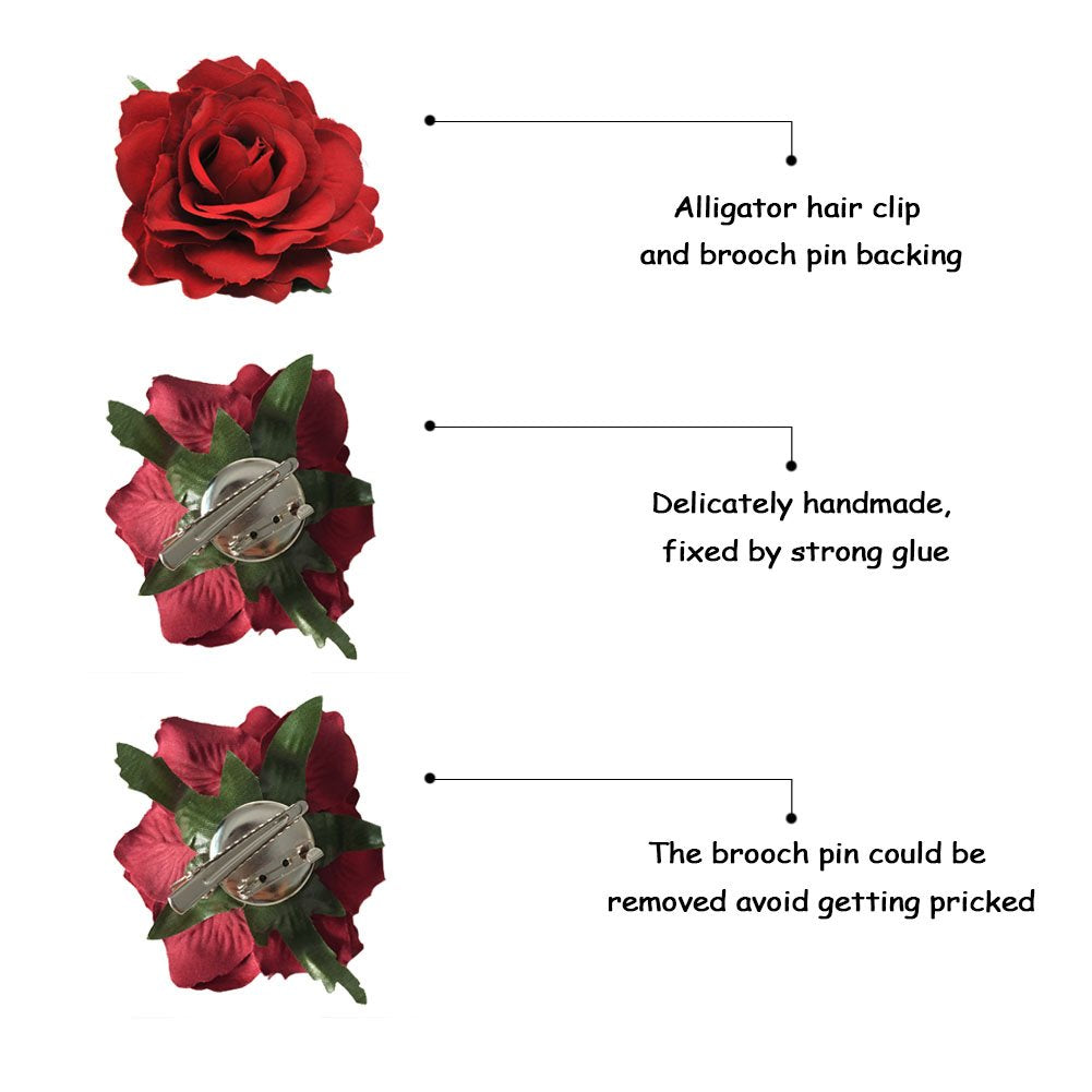 DRESHOW 5 Pcs Rose Hair Clip Flower Bridal Hair Pins Rose Brooch Floral Clips Head Ornament Wedding Hair Accessories Flamenco Dancer Hair Clip for Women Girls
