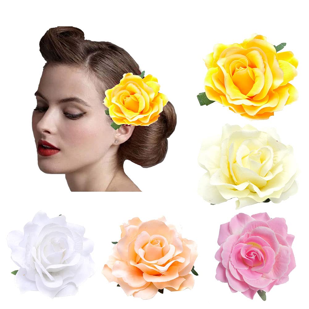 DRESHOW 5 Pcs Rose Hair Clip Flower Bridal Hair Pins Rose Brooch Floral Clips Head Ornament Wedding Hair Accessories Flamenco Dancer Hair Clip for Women Girls