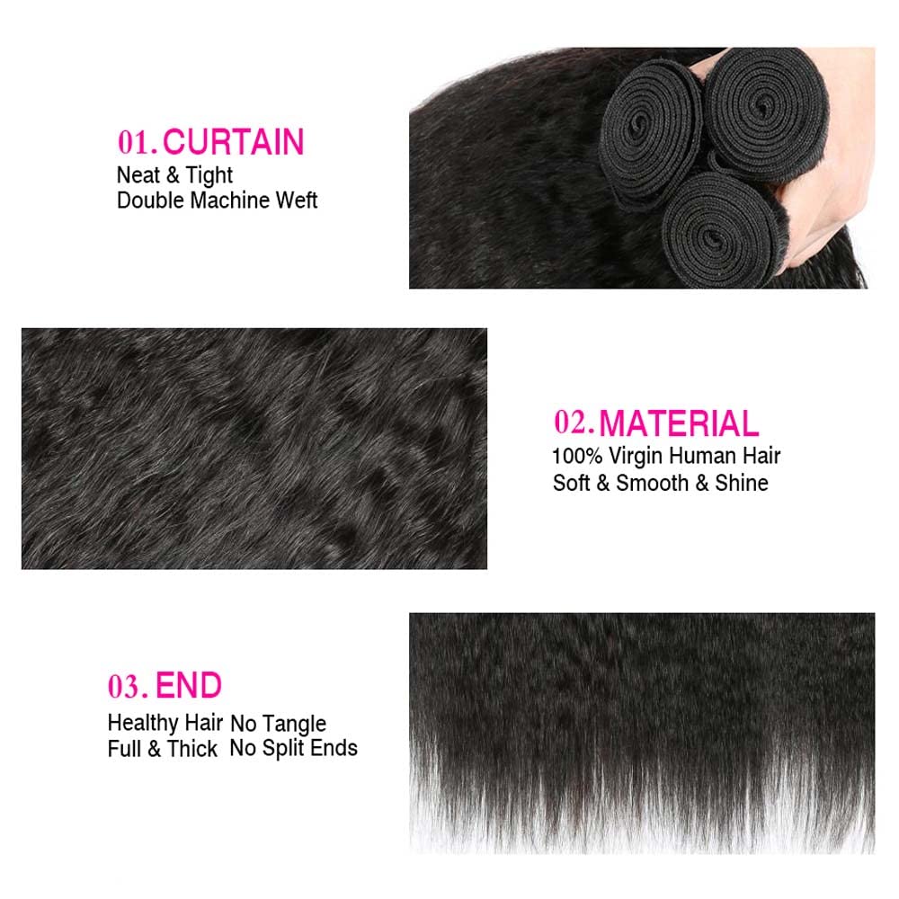 Color 1B Kinky Straight Bundles Human Hair 1B Yaki Straight Bundles 8a Grade Double Weft Brazilian Remy Hair Weave Extensions Soft and Silky for Black Women (24 26 28 inch 3 Bundles)