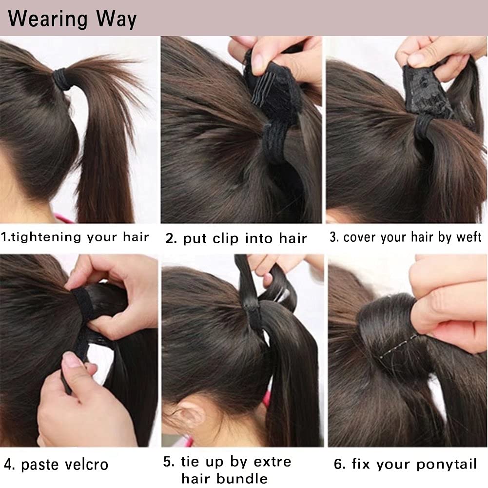 iLUU Clip in Ponytail Hair Extension Synthetic Wrap Around Long Straight Ponytail for Lady Women Girl 100g Darkest Brown Magic Paste Ponytail Hair Piece for Daily Use (24 Inch, 4A#)