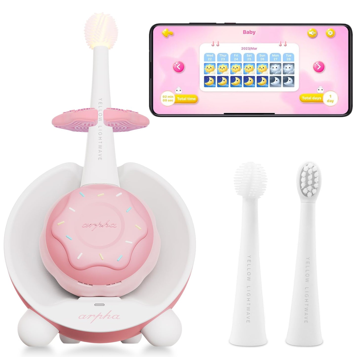 Kids Electric Toothbrushes with Check-in LED Light, Toddler Electric Toothbrush, Wireless Charge, Silicone Handle, 4 Modes, 3 Brush Heads for Ages 8 Months+ (Pink+3 Brush)