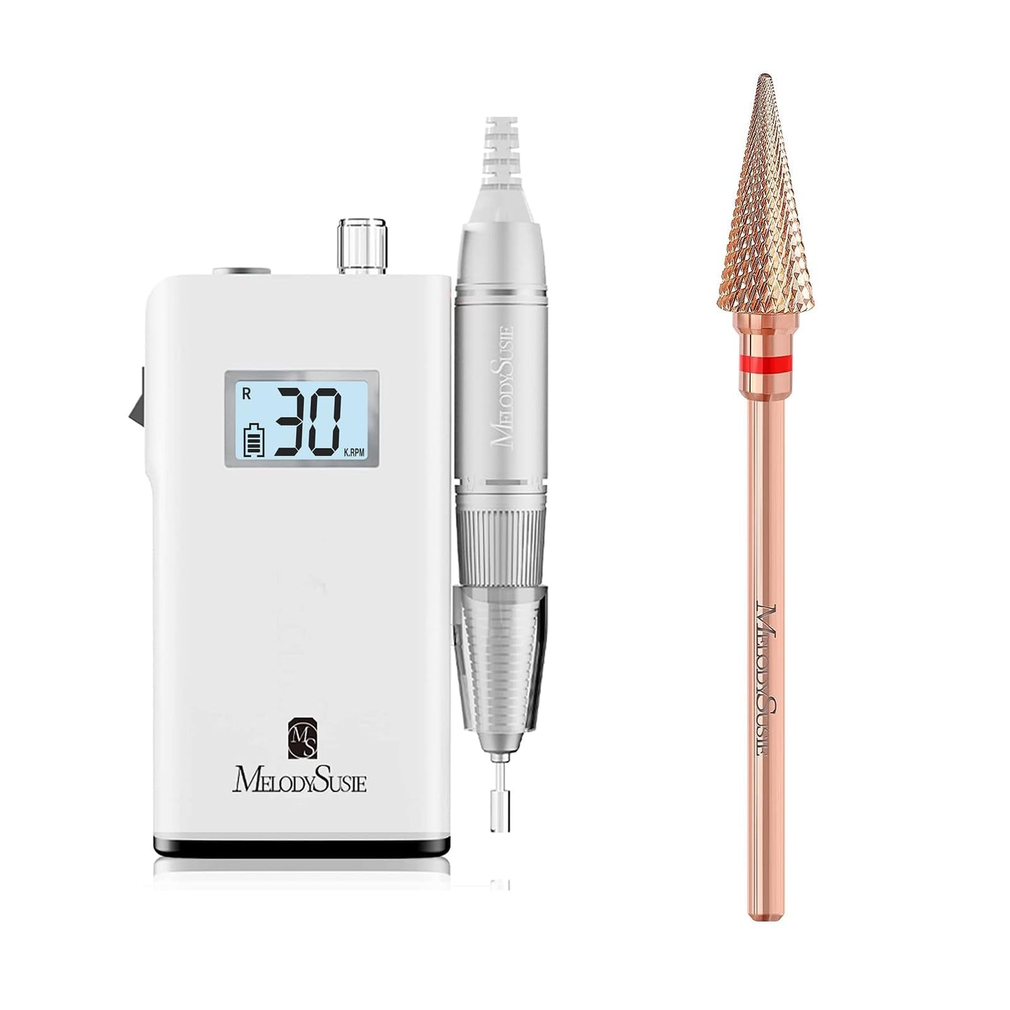 MelodySusie Professional Rechargeable 30000 RPM Nail Drill with Professional Tapered Nib Nail Drill Bit