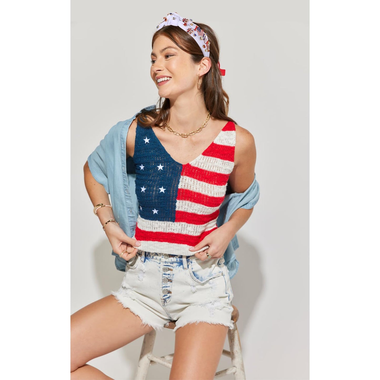 mokkia 4th of July Headband for Women American Flag Star Knotted Headbands Red White and Blue Rhinestone Crystal Top Knot Headbands Patriotic 4th of July Accessories Party Favors (Letter USA 4)