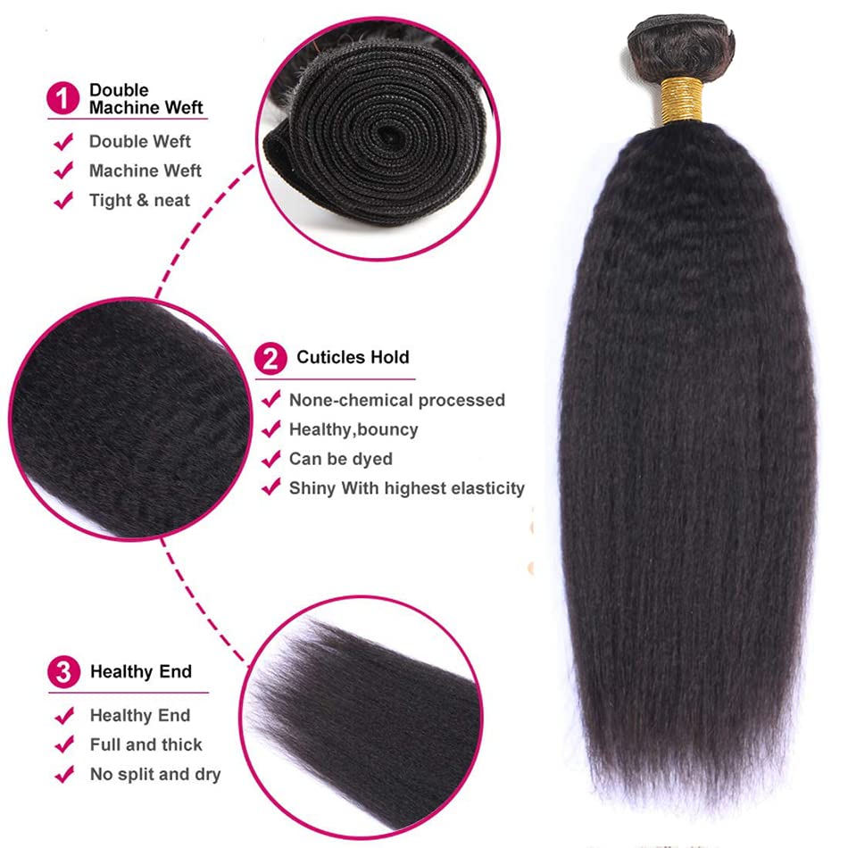 Color 1B Human Hair Yaki Straight Bundles Human Hair Kinky Straight Weave Bundles Brazilian Human Hair Weave Extensions Double Weft Remy Hair Soft and Silky for Black Women (18 20 22 inch）