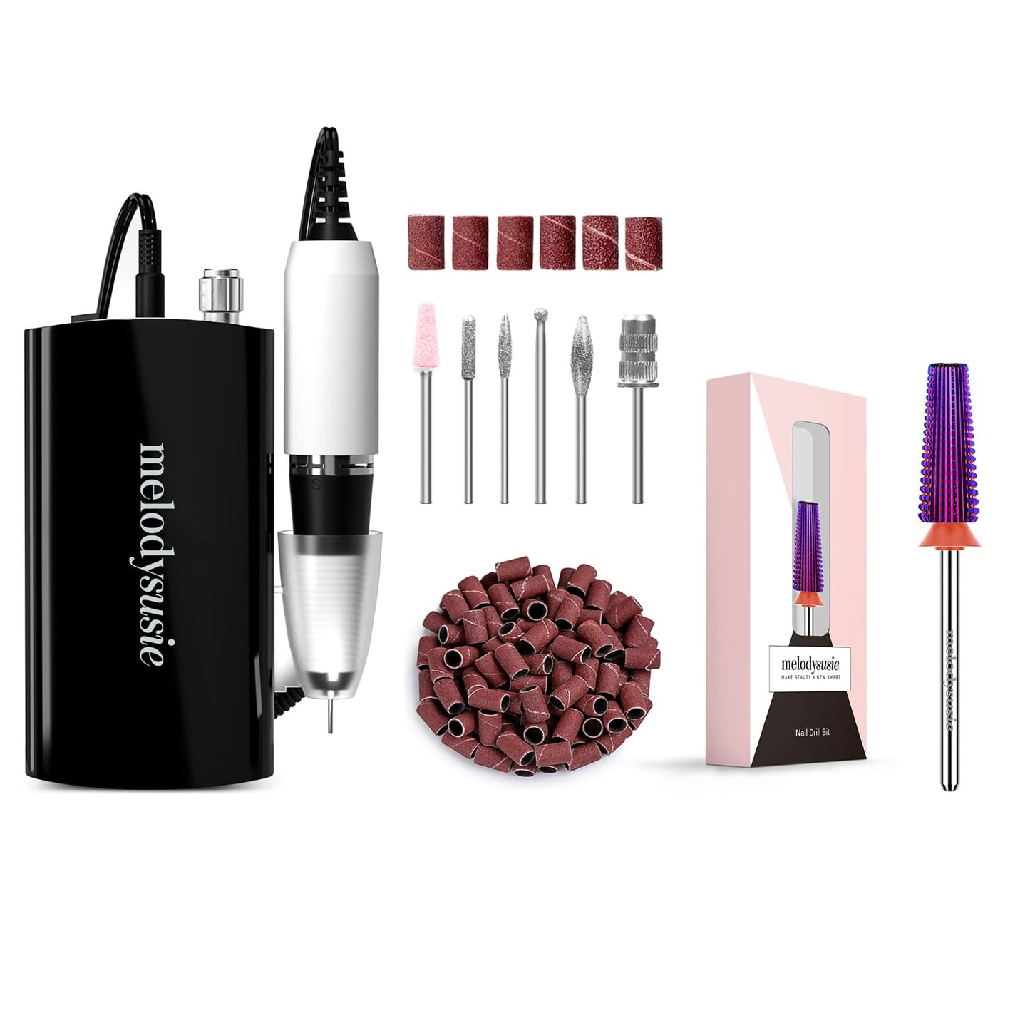 MelodySusie Professional Nail Drill - 30000 RPM Rechargeable Portable Nail Drills with 6 Bits and 106 Sanding Bands with Professional 5 in 1 Nail Drill Bits