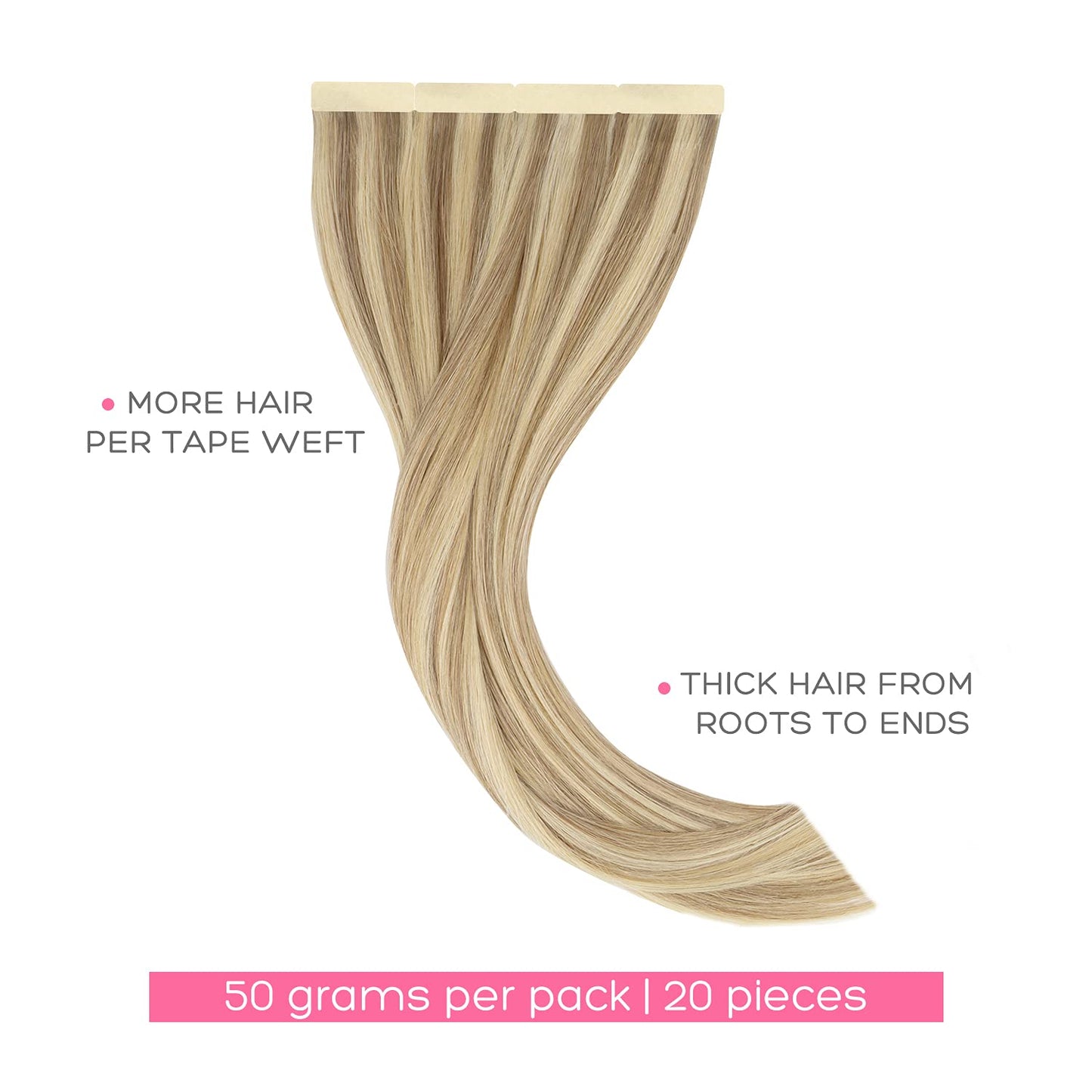 Marat Tape in Hair Extensions, Light Blonde Highlighted Golden Blonde 24 inch 50g Tape in Hair Extensions Real Human Hair Natural Straight Human Hair Tape in Hair Extensions