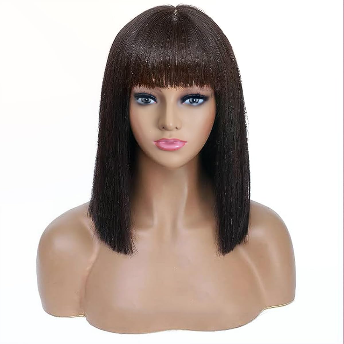 Natural Straight Bob Wig With Bangs Human Hair, Wear and Go 3X2 HD Lace Glueless Human Hair Bob Wigs With Bangs For Women 180% Density Medium Length Black Bob Wigs With Bangs (14 Inch, Natural Black)