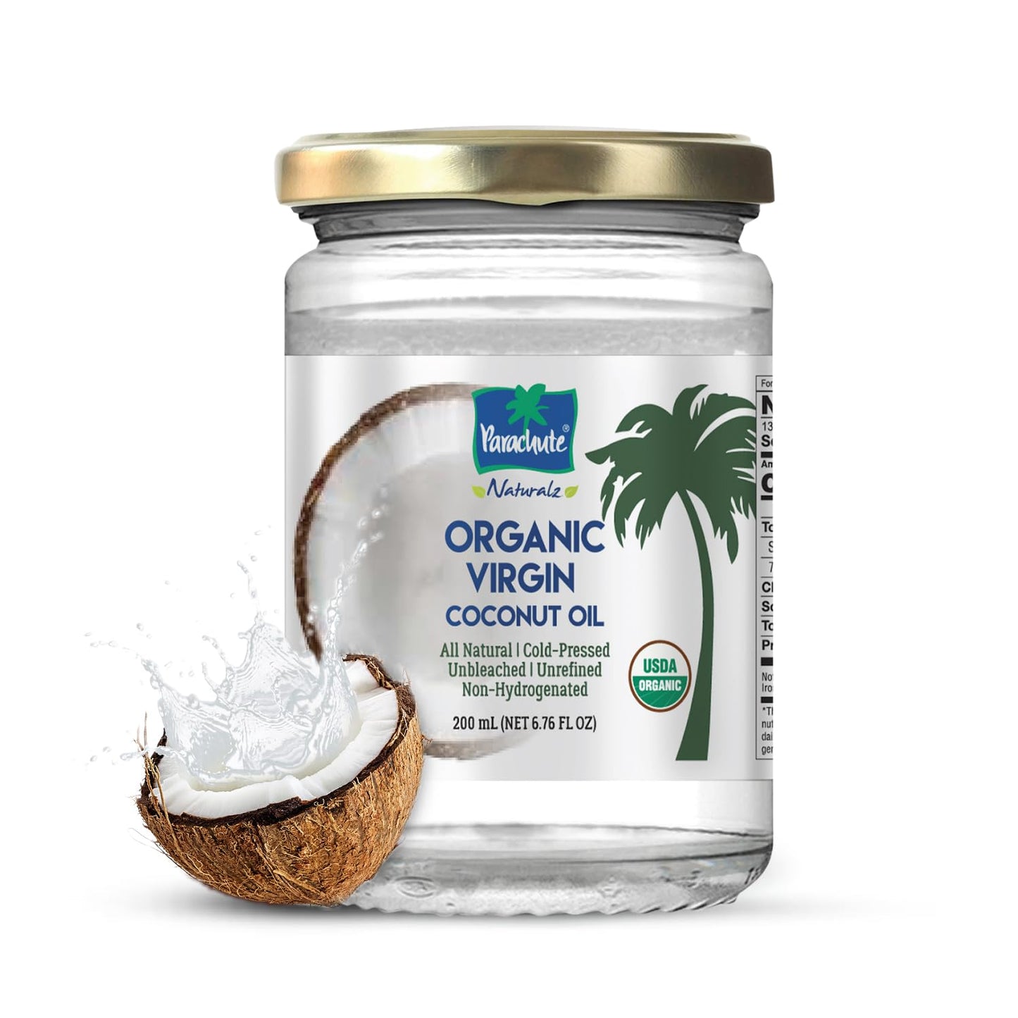 Parachute Naturalz Virgin Coconut Oil | 100% Organic Cooking Oil, Hair Oil and Skin Oil | Cold Pressed | USDA Certified |16 Fl. Oz | Glass Jar