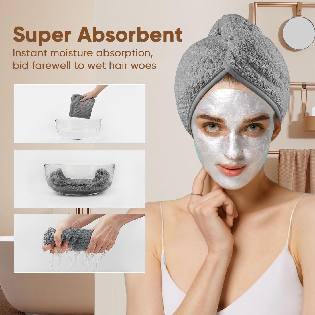 HOMEXCEL Microfiber Hair Towel Wrap, 2 Pack Hair Turbans for Wet Hair, Super Absorbent Dry Hair Towel Wrap for Curly Hair, Anti Frizz Microfiber Towel for Women, 26 x 10 inch, Grey