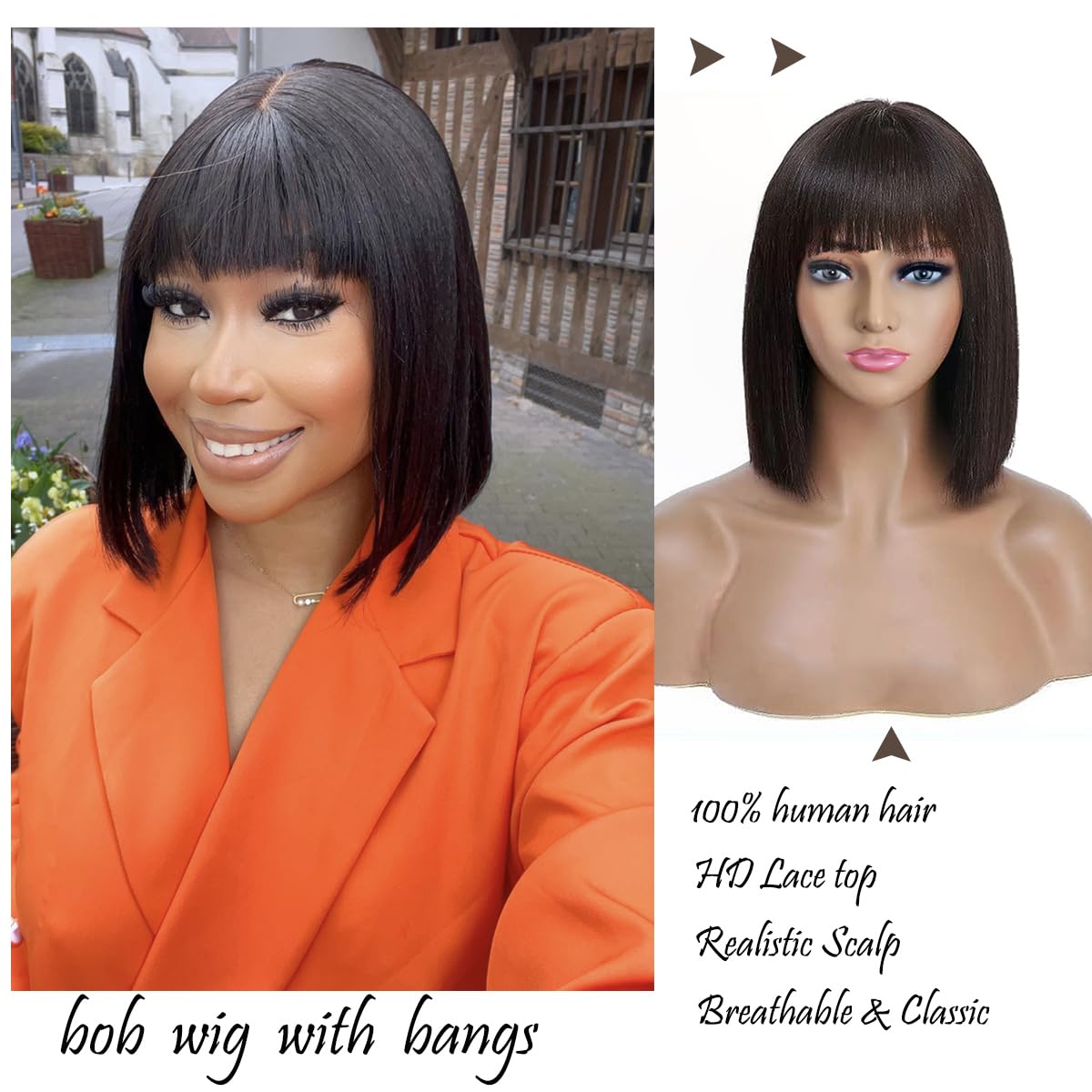 Natural Straight Bob Wig With Bangs Human Hair, Wear and Go 3X2 HD Lace Glueless Human Hair Bob Wigs With Bangs For Women 180% Density Medium Length Black Bob Wigs With Bangs (14 Inch, Natural Black)