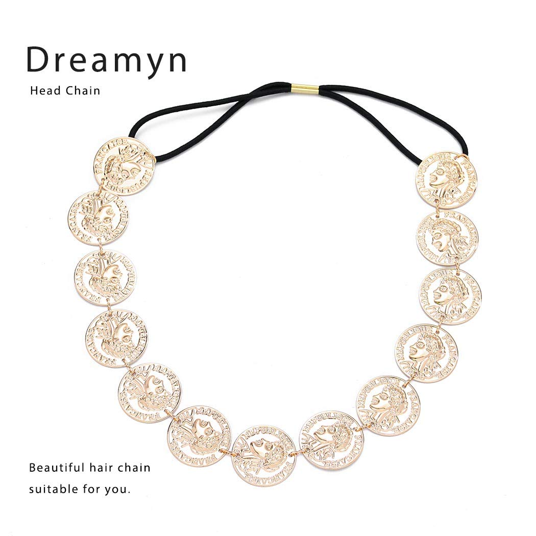 Dreamyn Vintage Coins Head Chain Sequins Hair Chain Gypsy Headpiece Hair Jewelry for Women and Girls (Gold)
