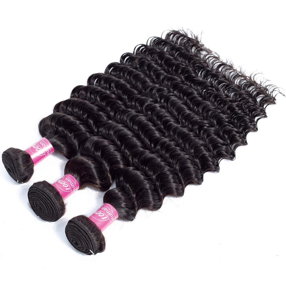 Deep Wave Bundles with Closure Brazilian 10A Human Hair Bundles(14 16 18+12 Closure)Deep Weave Curly Human Hair 3 Bundles with 4x4 Lace Closure Remy Unprocessed Virgin Human Hair Bundles Natural Color