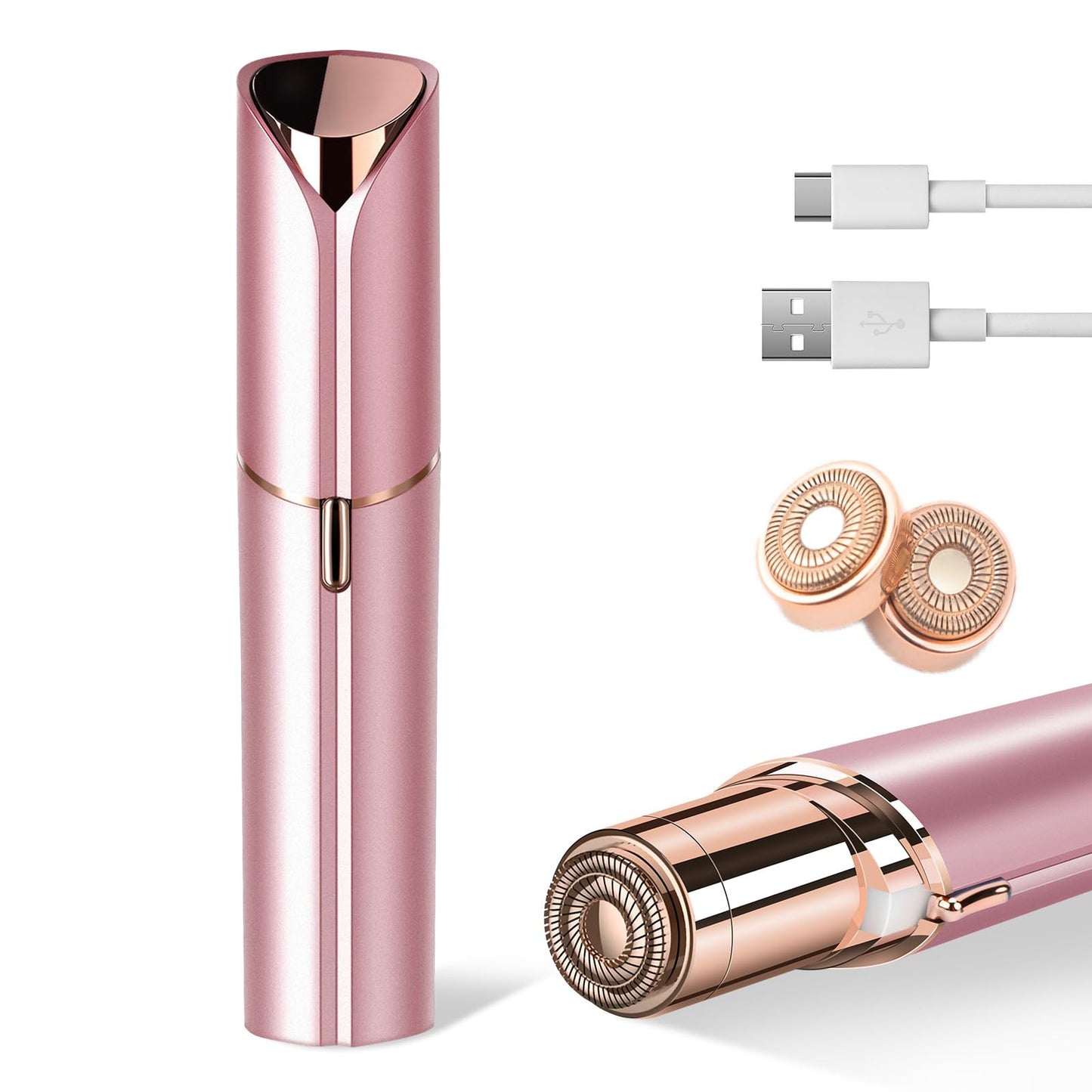 Xinvinx Facial Hair Removal for Women- as Seen on TV Painless Face Shaver -Painless Womens Facial Hair Remover with 2 Replacement Heads, Lipstick-Sized, USB Rechargeable（Rose Gold）