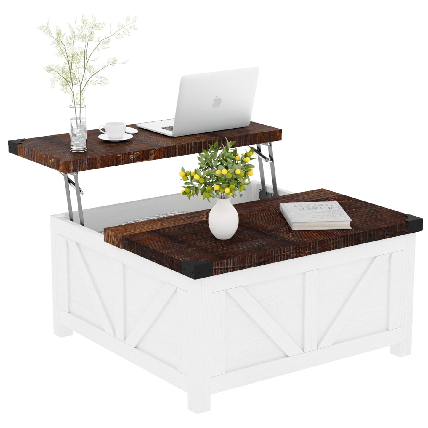 jimeimen Farmhouse Lift Top Coffee Table with Storage, Wood Square Center Table with Charging Station&USB Port, Living Room Table w/Large Hidden Space, for Living Room, Bedroom, Home Office, White
