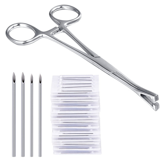 DJCIW Piercing Clamps with 20pcs Piercing Needles 14G 16G,Stainless Steel Triangle Slotted Metal Piercing Clamps Forceps for Belly Nipple Tongue Ear Piericng