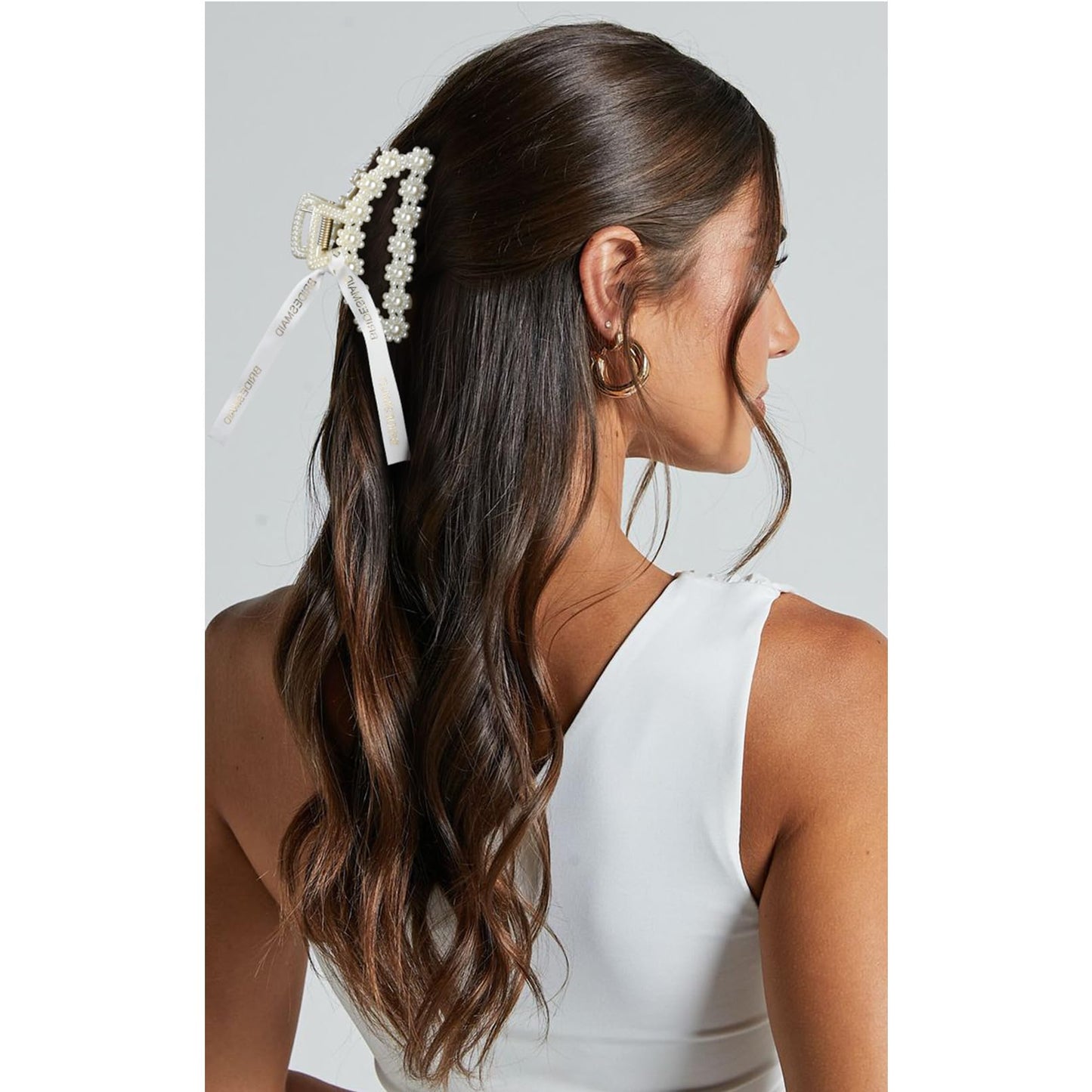 DEEKA Bridesmaid Proposal Gifts 6 Pack Pearl Bridesmaid Hair Claw Clips with Ribbon 3 Inch Hair Clips Bachelorette Party Favors Bridal Party Present Hair Accessories (Half Circle)