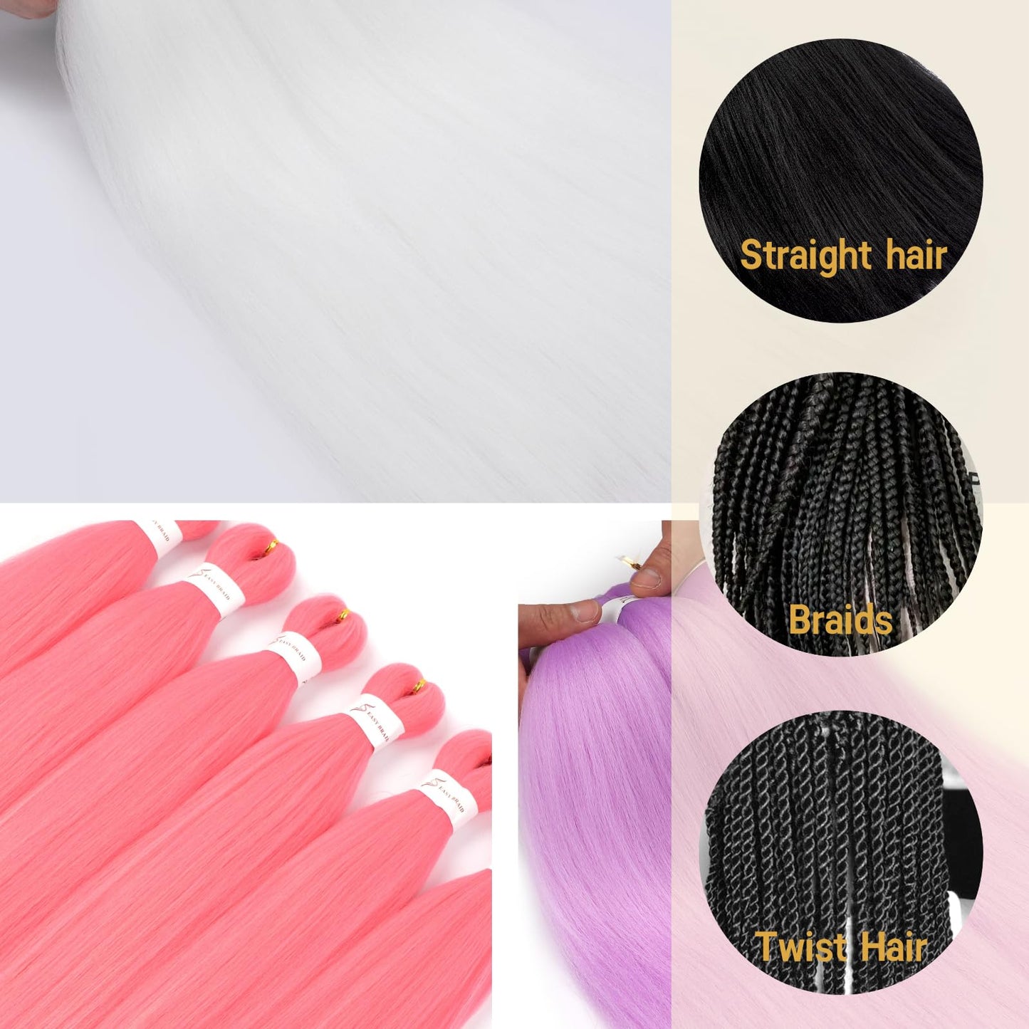 Menethe Hair Braiding Hair Pre Stretched 24 inch Colored Prestretched Braiding Hair Natural as Human Braiding Hair Extensions Crochet Hair Synthetic Crochet Braids(24Inch,Pink/White/Light Purple#).