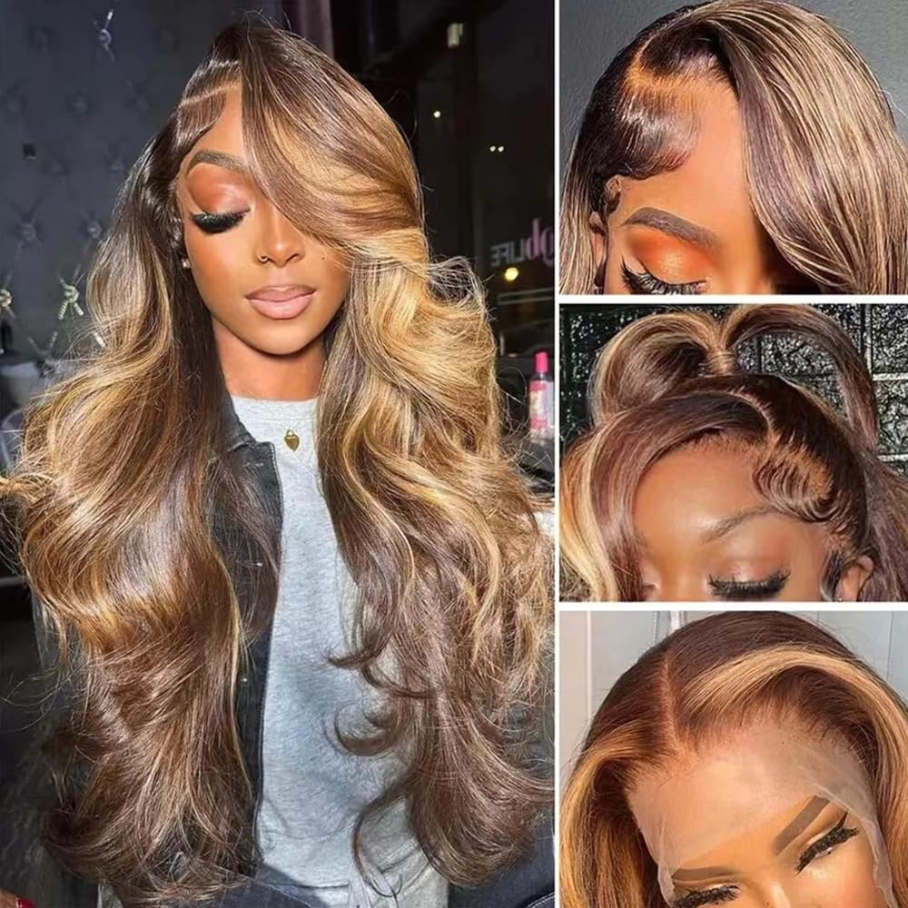Highlight Wig HD Transparent Lace Front Wigs Human Hair Pre Plucked Wavy Human Hair Wigs 13X4 Lace Front Wig 150% Density Glueless 4/27 Lace Front Human Hair Wigs for Black Women 18 Inch Side Part