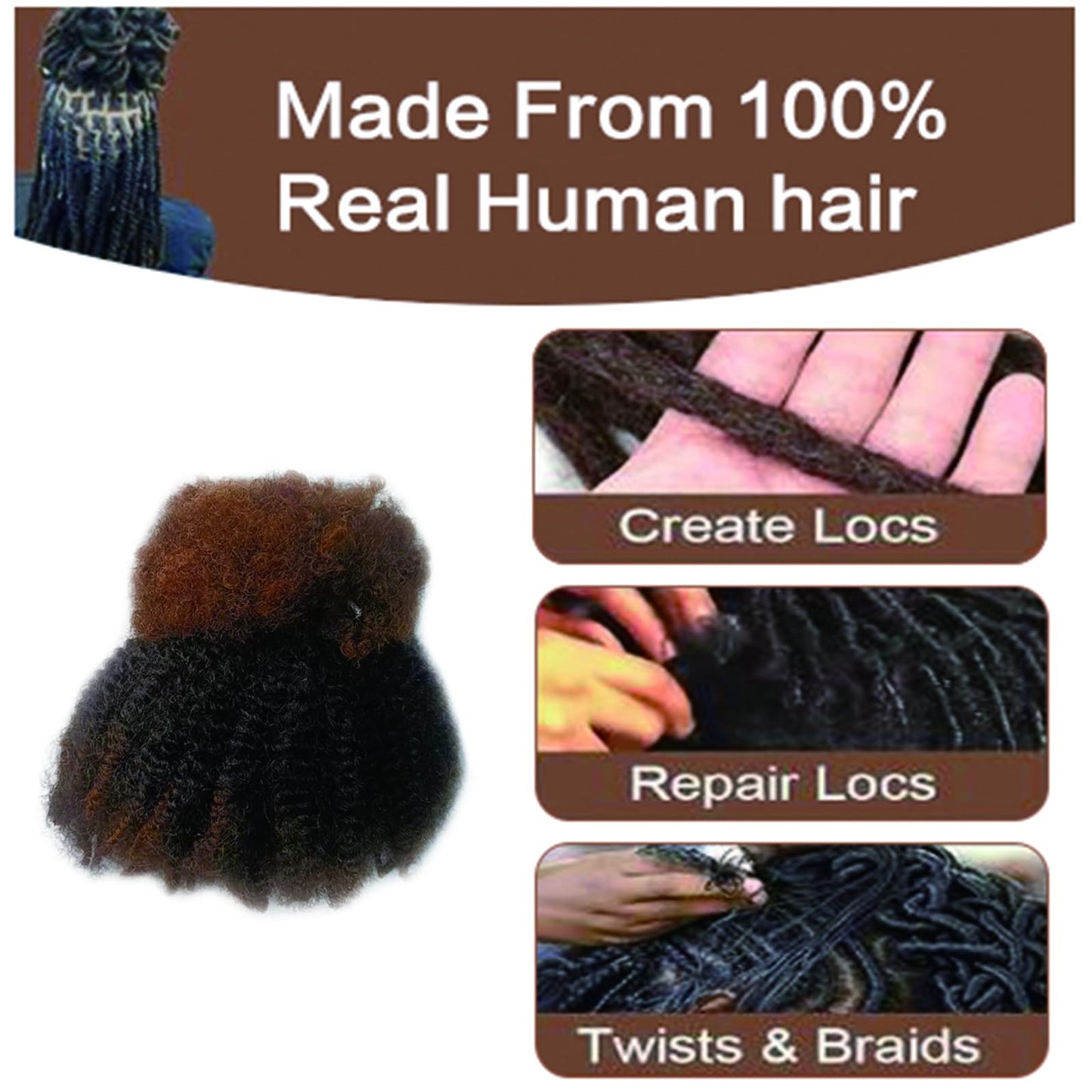 EV&ET Tight Afro Kinky Bulk 100 ％ Real Human Hair for Draedlock Hair Extensions, Repair Locs, Twists and Braids 1 Pack