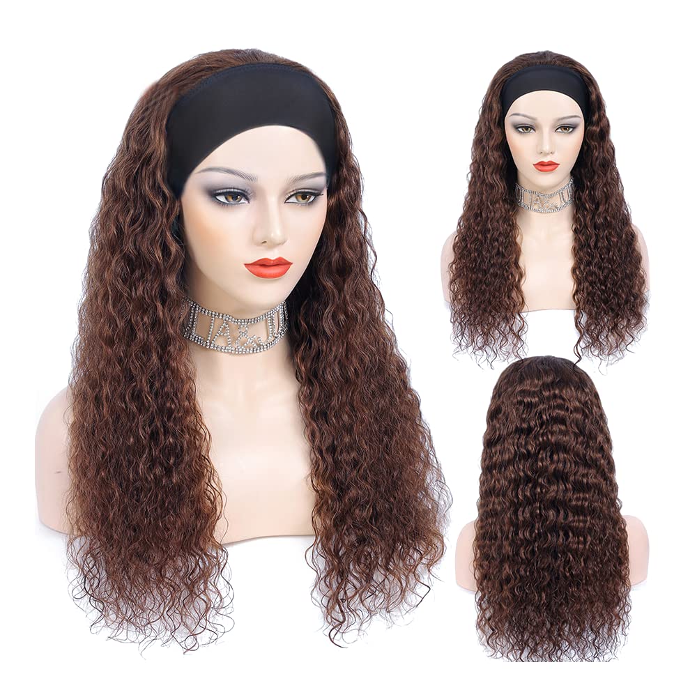 YiweYowe 32 Inch #4 Brown Deep Curly Wave Headband Wig Human Hair #4 Color Glueless None Lace Front Wig 150% Density Brazilian Virgin Hair Deep Curly Wigs for Black Women