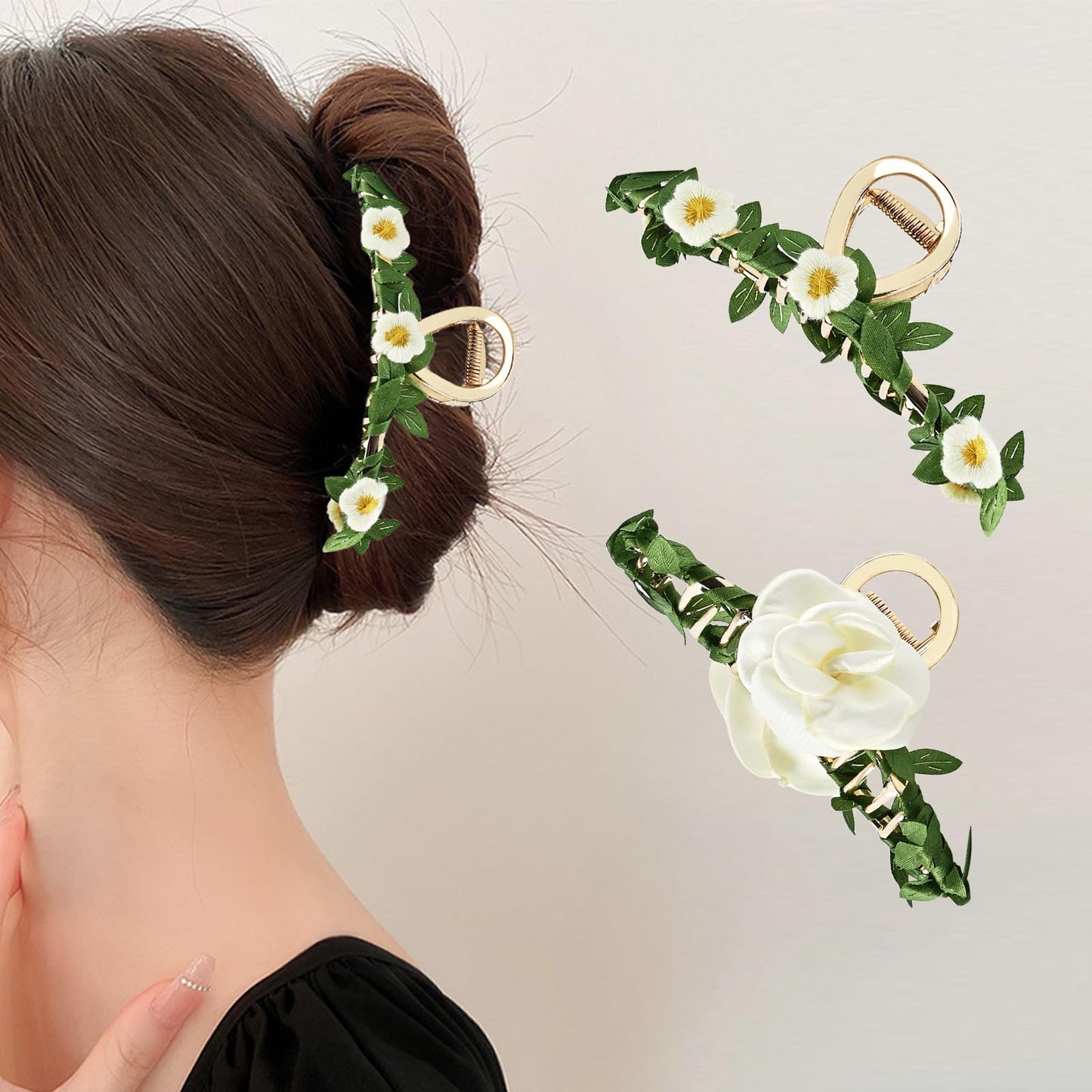 Yonchic 2-Piece Multiple Shapes Metal Hair Clips, Camellia Flower Hair Claws for Thin/Medium Thick Hair, Elegant Rose Barrettes Strong Hold Hair Clamps Non Slip Cute Fabric Hair Accessories