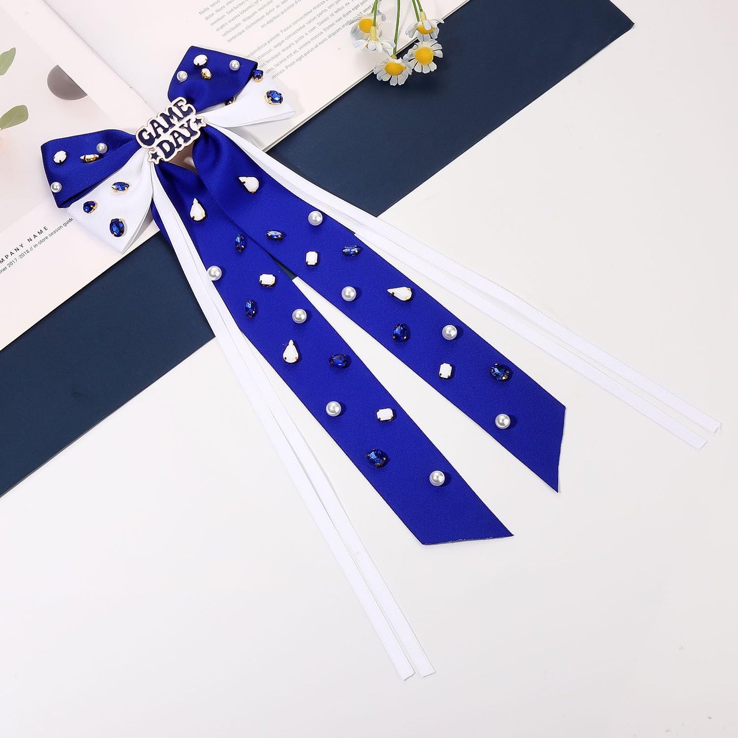 Game Day Hair Bows Accessories for Women Jeweled Football Hair Bow Clips Large Hair Ribbons Blue Spirit Day Accessories Game Day Outfits Sports Team Spirit Football Mom Accessories Gifts (Pattern B3)
