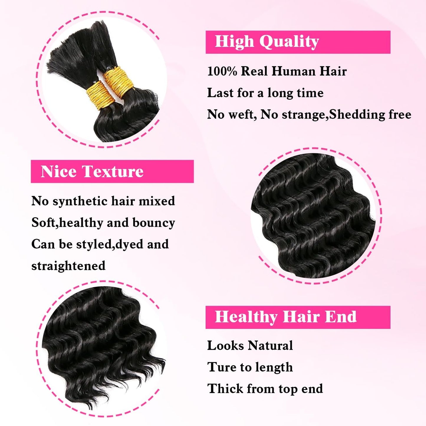 Human Hair Braiding Hair 100% Human Hair Deep Wave Braiding Hair Curly Human Hair Extensions for Boho Braids 2 Braids Per Pack 100g 24 Inch No Weft Boho Human 1B Braiding Hair Extensions