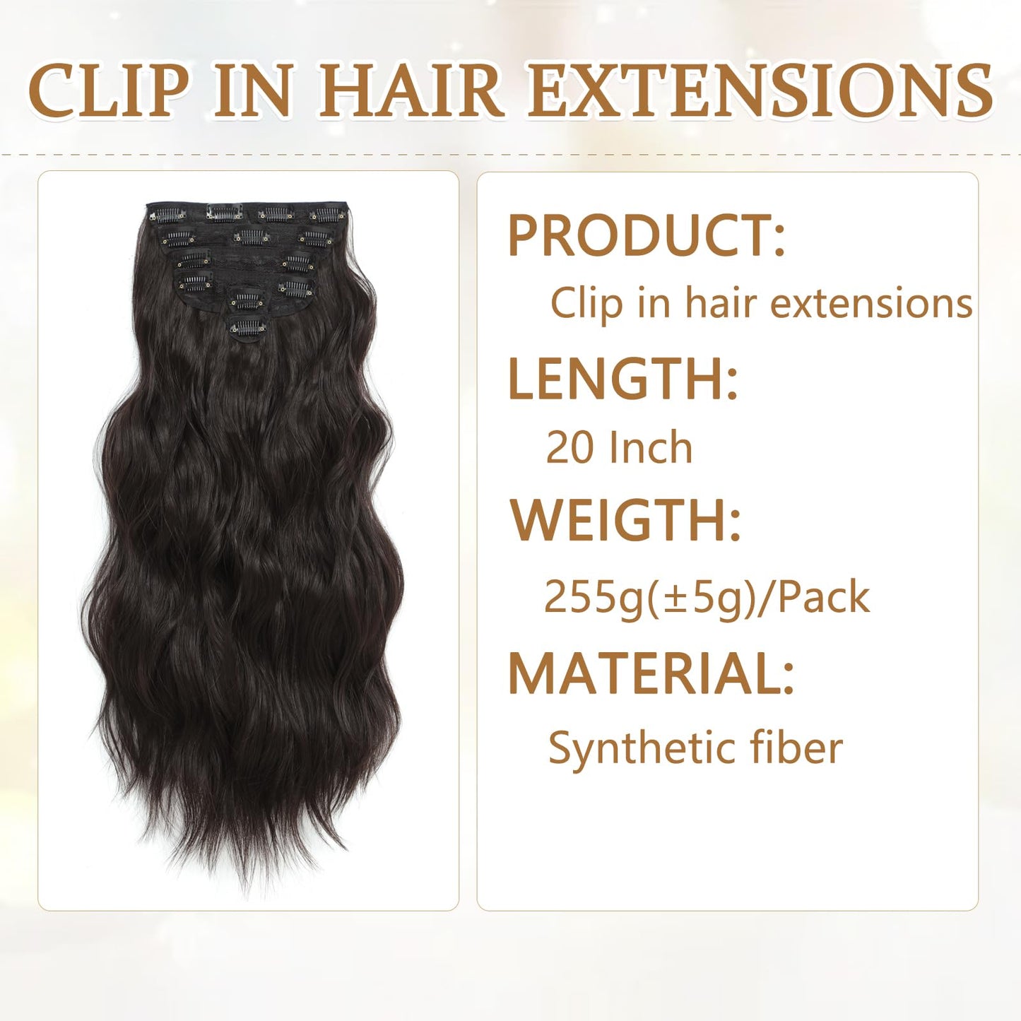 Clip in Hair Extensions for Women, 6PCS Long Wavy Curly Clip on Hair Extensions 20 Inch Synthetic Thick Hairpieces (Dark Brown, 20 Inch)
