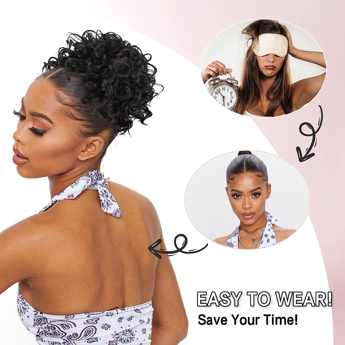 Short Gray kinky Curly Messy Bun Drawstring Ponytail for Black Women Afro Grey Ombre Curly Ponytail Extension Synthetic Messy Kinky Curly Afro Puff Drawstring Ponytail Fluffy Curly Ponytail 1B/Grey