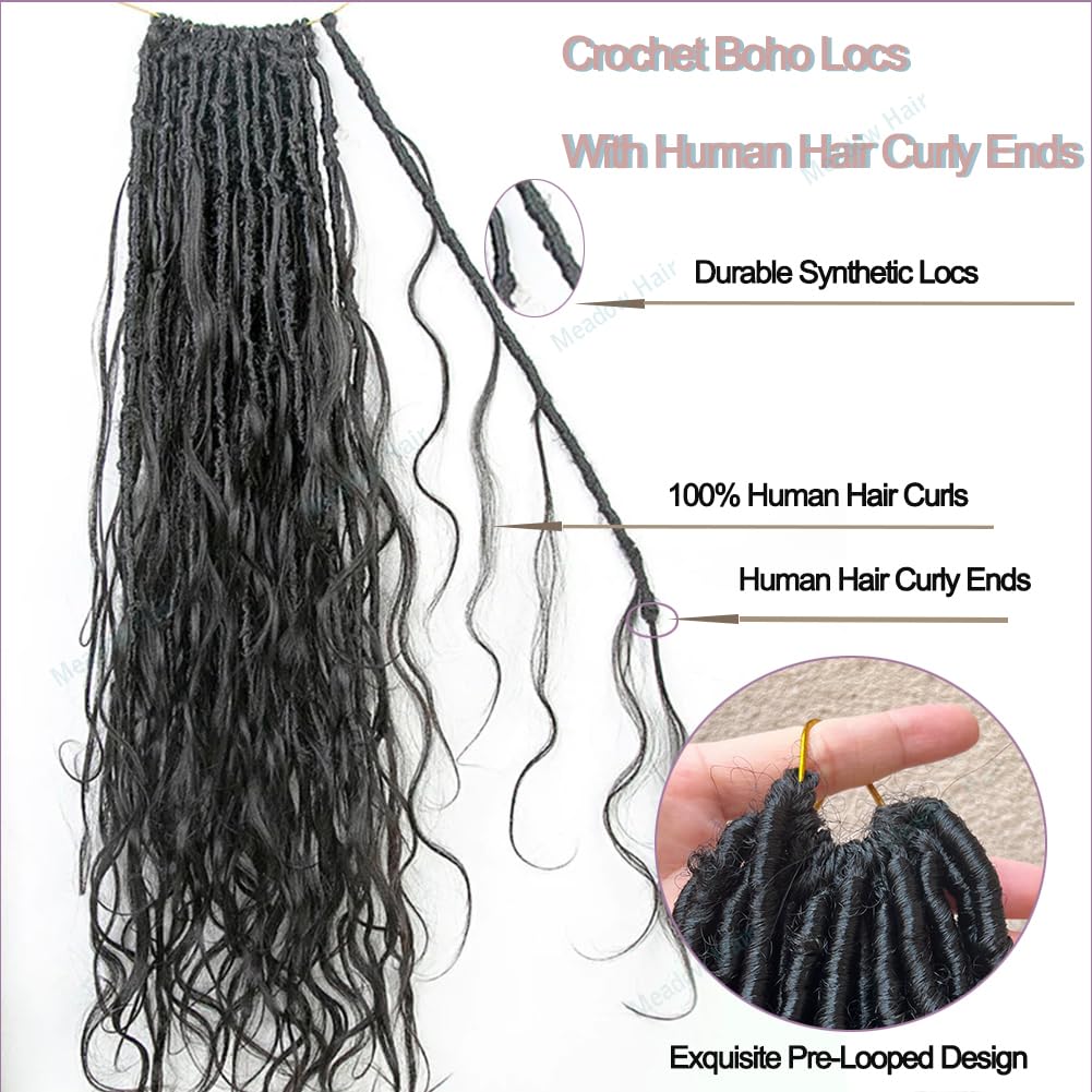 Meadow hair Boho Faux Locs Human Hair Curls Crochet Bohemian Braids Human Hair Knotless Pre Looped Synthetic Goddess Braids With Human Hair Curly Ends Body Wave For Braiding 22Inch 24Locs